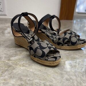 Coach Black and Tan Patterned Wedges